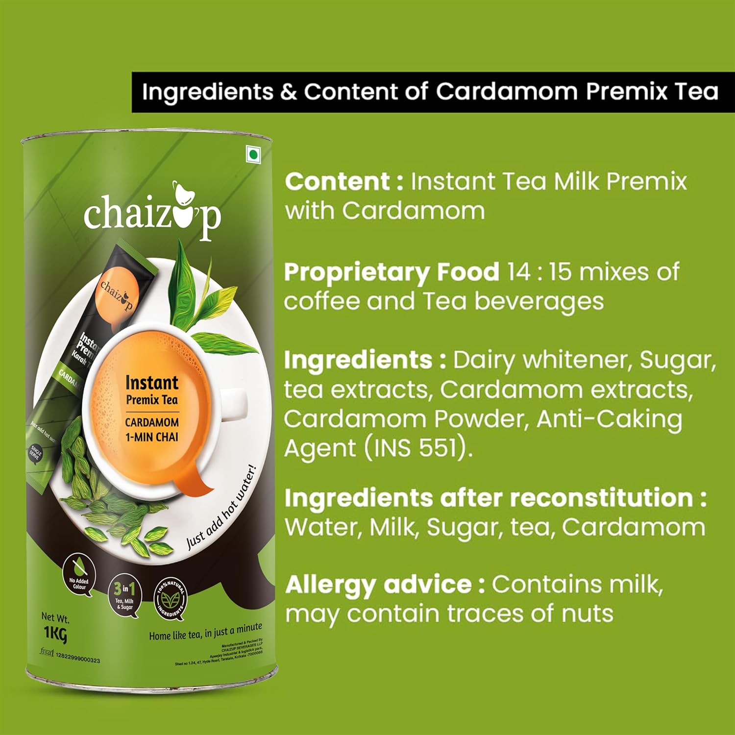 Chaizup Premium 1 Min Instant Cardamom Tea Premix - 1 Kg Can, 35.2 Ounce | Just Add Hot Water - Assam Elaichi Chai Powder | Low Caffeine Home Like Tea