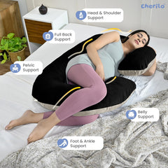 C Shaped Pregnancy Pillow For Pregnant Women & Nursing Mom, Black & Cream | Full Body Support, Single Pillow For Multipurpose Use During Maternity, Comfy | Premium Velvet Outer Cover With Zip