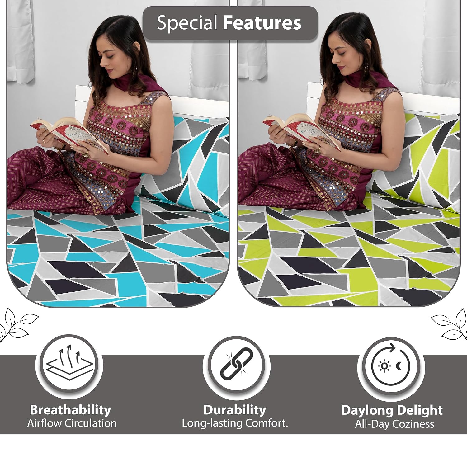 Combo 2 Single Bedsheet With 2 Pillow Cover - 57 X 87 Inches, Multicolor | 144 Thread Count Lightweight, Soft, Skin Friendly - Durable Bedsheets For Everyday Comfort