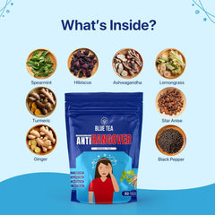 Blue Tea Caffeine Free Anti Hangover Herbal Tea - 50 Pyramid Tea Bags In Zip Lock Pack | Super Antioxidant - Gluten Free, Non-GMO, Zero Sugar, 100% Vegan