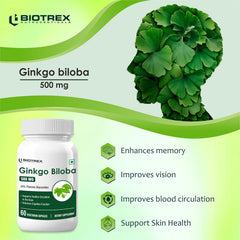 Biotrex Nutraceuticals Ginkgo Biloba With Brahmi 500mg, Supports Memory & Better Concentration, Healthy Blood Circulation, 24% Flavone Glycosides | 60 Veg Capsules 100gm 0.2lbs