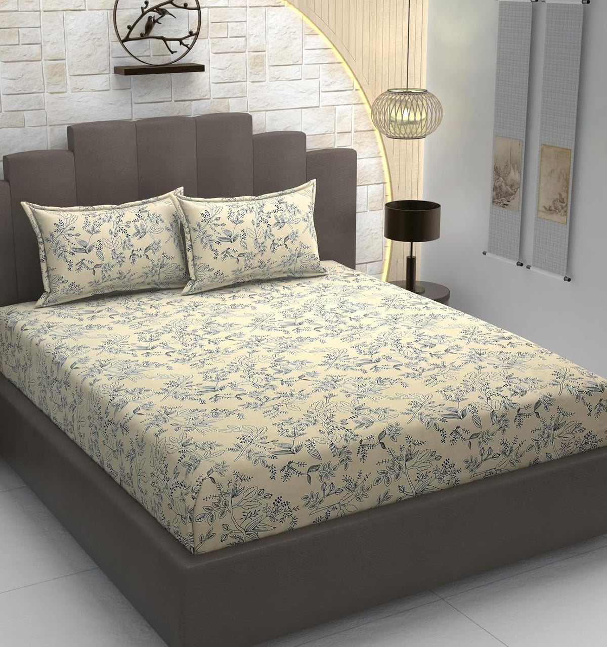 Elastic Fitted Bedsheet For King Size Double Bed With 2 Matching Pillow Covers - 72x78x8 Inches, Cream | Coordinated Print Design Bedsheet | 210 Thread Count