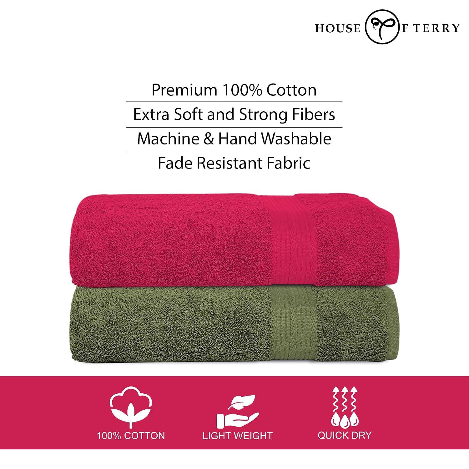 House Of Terry 100% Cotton Bath Towel 1000 Gsm | Quick Dry, Soft & Absorbent, Fade-Resistant, Skin-Friendly Large Size Towel (Paradise Pink & Olive Green) - Pack Of 2