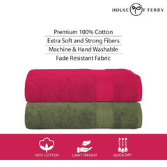 House Of Terry 100% Cotton Bath Towel 1000 Gsm | Quick Dry, Soft & Absorbent, Fade-Resistant, Skin-Friendly Large Size Towel (Paradise Pink & Olive Green) - Pack Of 2