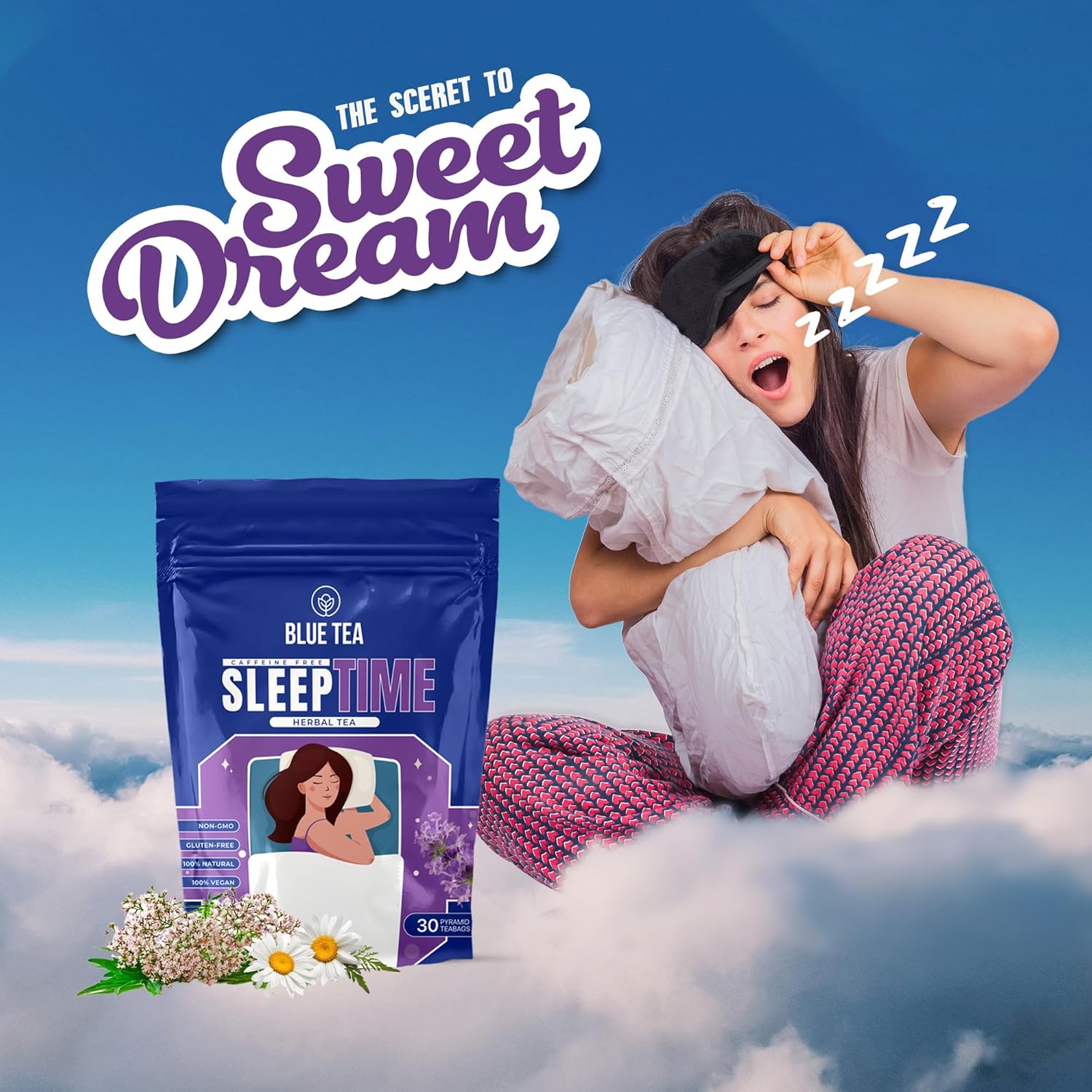 Blue Tea Caffeine Free Sleep Time Herbal Tea - 30 Pyramid Tea Bags In Zip Lock Pack | Made With Chamomile Lavender Valerian Peppermint - Gluten Free, Non-GMO, 100% Vegan & Natural