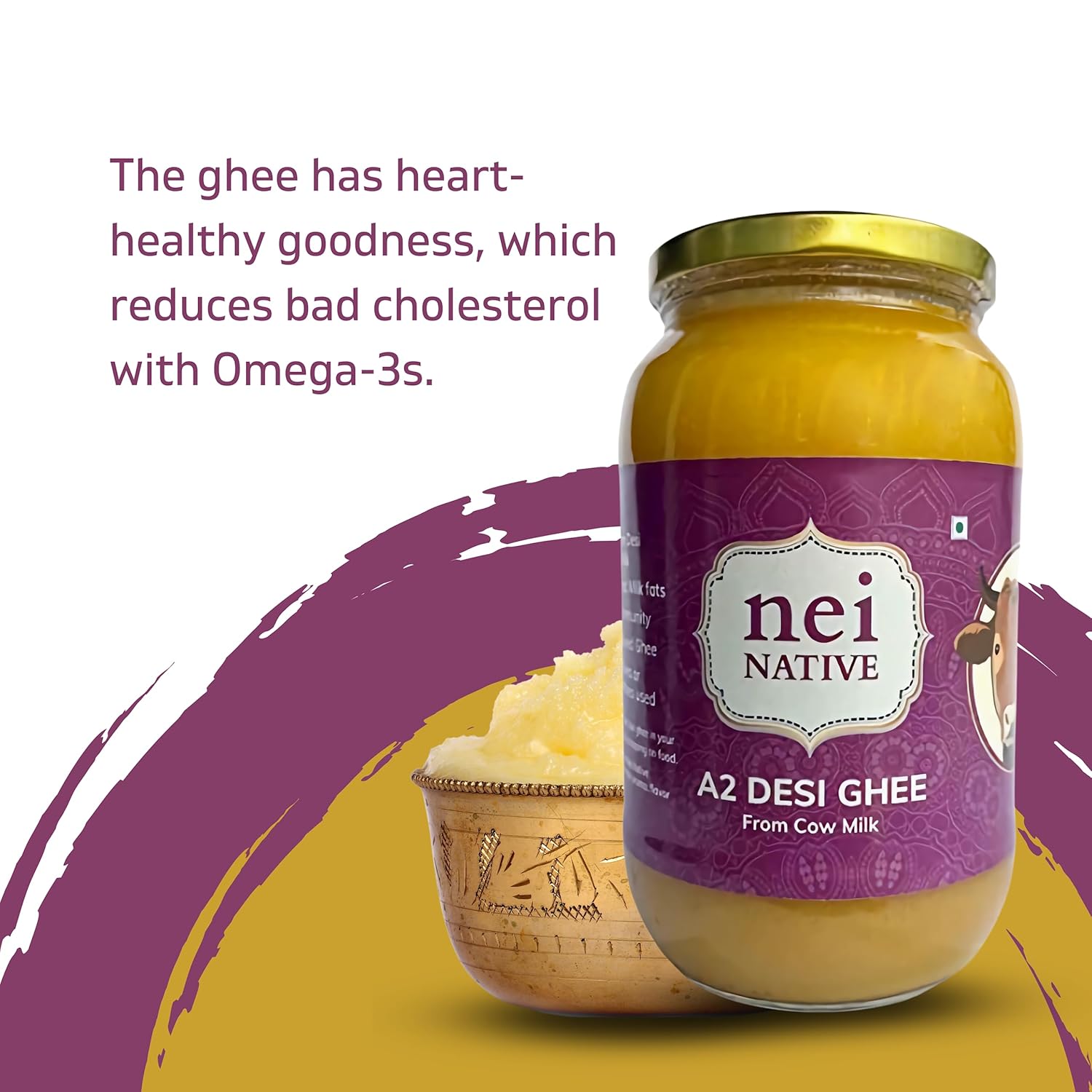Pure Premium A2 Desi Ghee By Nei Native | Pure Bilona Method Homemade Cow Desi Ghee Perfect For Sweets | 2 Litre (1 Litr * 2) 67.6 Ounce | Jar Pack