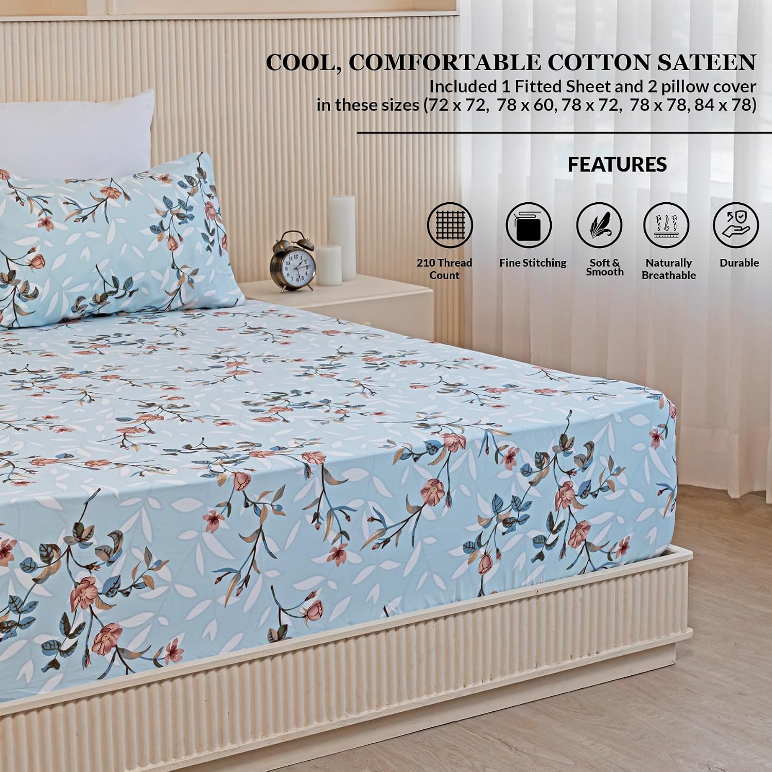 Double Size Elastic Fitted Bedsheet For Queen With 2 Pillow Covers - (78 X 72 Inches, Sky Blue & White) | Wrinkle Free Bed Sheets | Perfect For Home Decor & Gifting