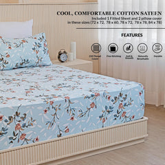 Double Size Elastic Fitted Bedsheet For Queen With 2 Pillow Covers - (78 X 72 Inches, Sky Blue & White) | Wrinkle Free Bed Sheets | Perfect For Home Decor & Gifting