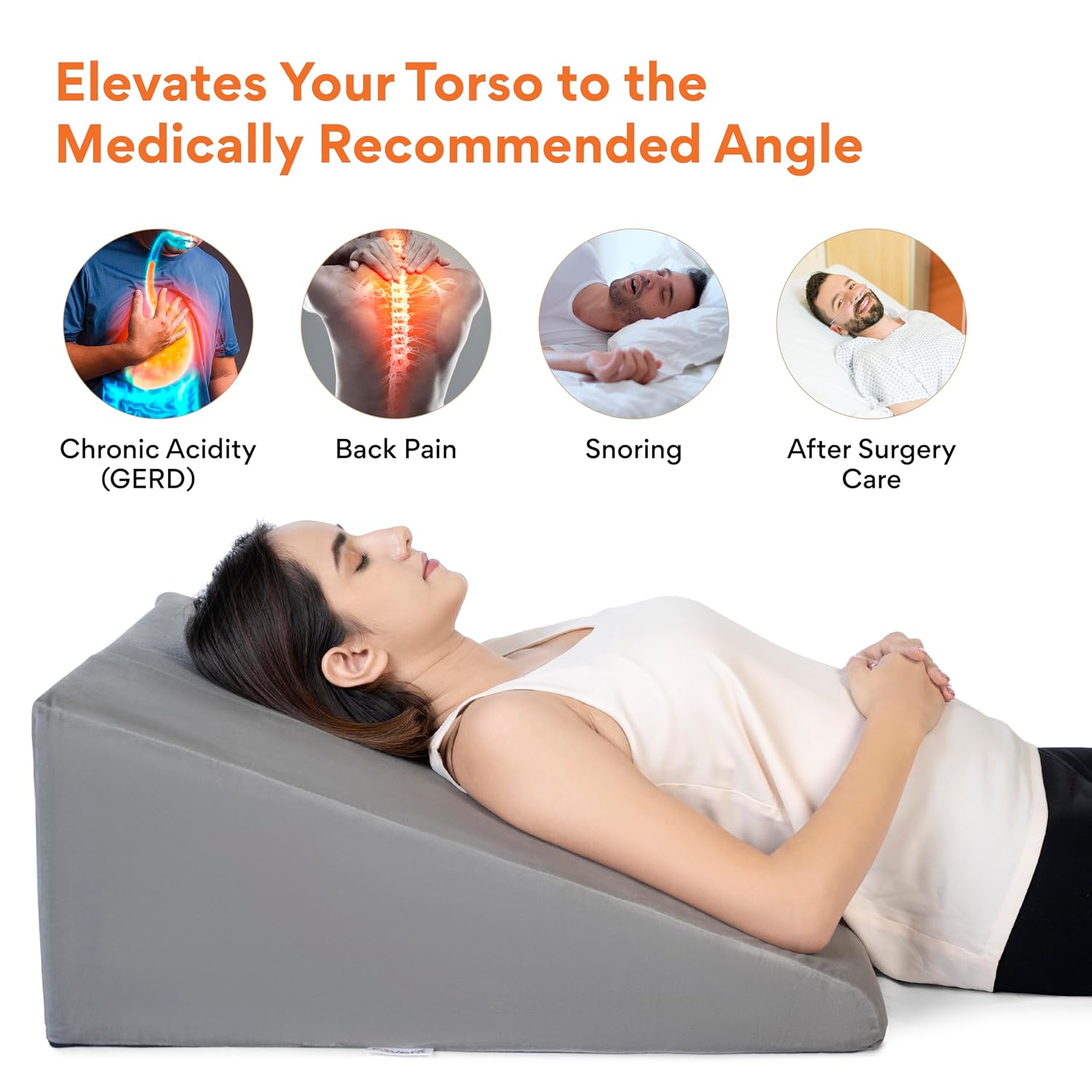 Wedge Pillow Memory Foam For Back Support, Grey, Large Size - 11 Inch | Wedge Cushion, Acid Reflux, Snoring, Gerd, Leg Elevation, Pregnancy | Removable Velvet Cover, Multipurpose Pillow