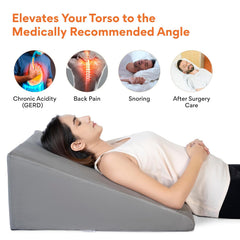 Wedge Pillow Memory Foam For Back Support, Grey, Large Size - 11 Inch | Wedge Cushion, Acid Reflux, Snoring, Gerd, Leg Elevation, Pregnancy | Removable Velvet Cover, Multipurpose Pillow