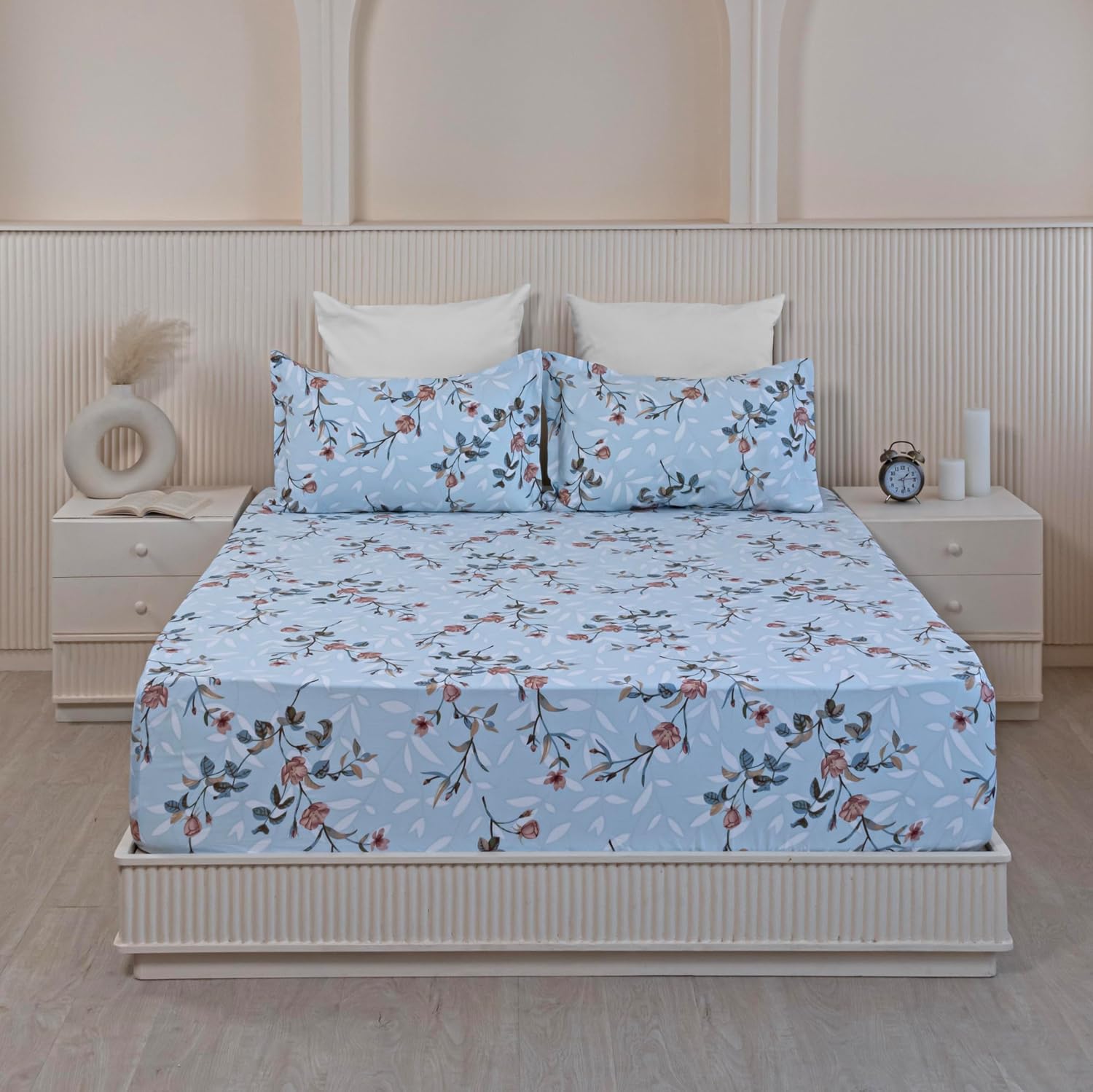 Perfect King Size Bedsheet With Two Matching Pillow Cover - 84 X 78 Inches, Sky Blue & White | All Around Elastic Fitted Bedsheet | Wrinkle Free