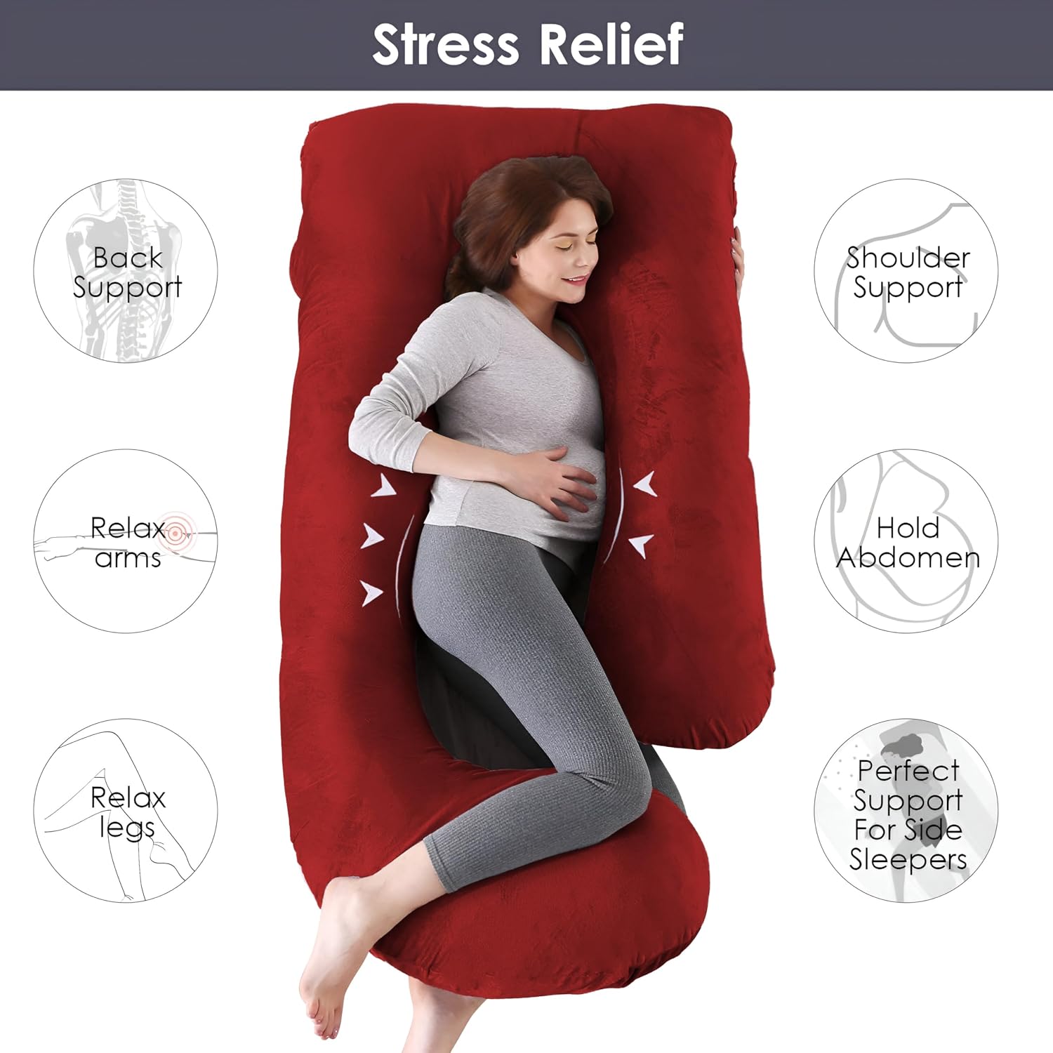 Pregnancy Pillow, Maternity Body Pillow For Sleeping, G Shaped Pillow, Maroon - 55 Inch | Full Body Pillow, Lightweight, Foldable, Breathable, Removable Velvet Cover, Adjustable - Pack Of 1