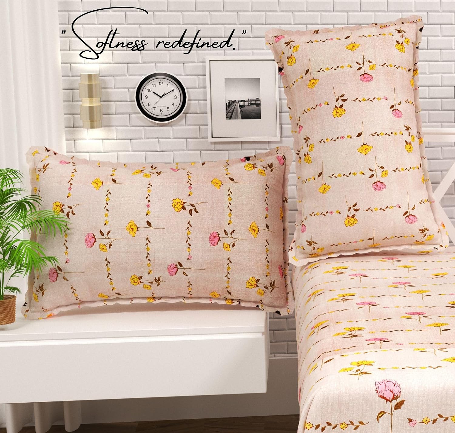 Super King Size Bedsheets With 2 Large Pillow Covers - 108 X 108 Inches, Peach & Yellow | Luxury Soft Brushed Glace Cotton - Long Lasting & Wrinkle Free | 3 Pcs Set