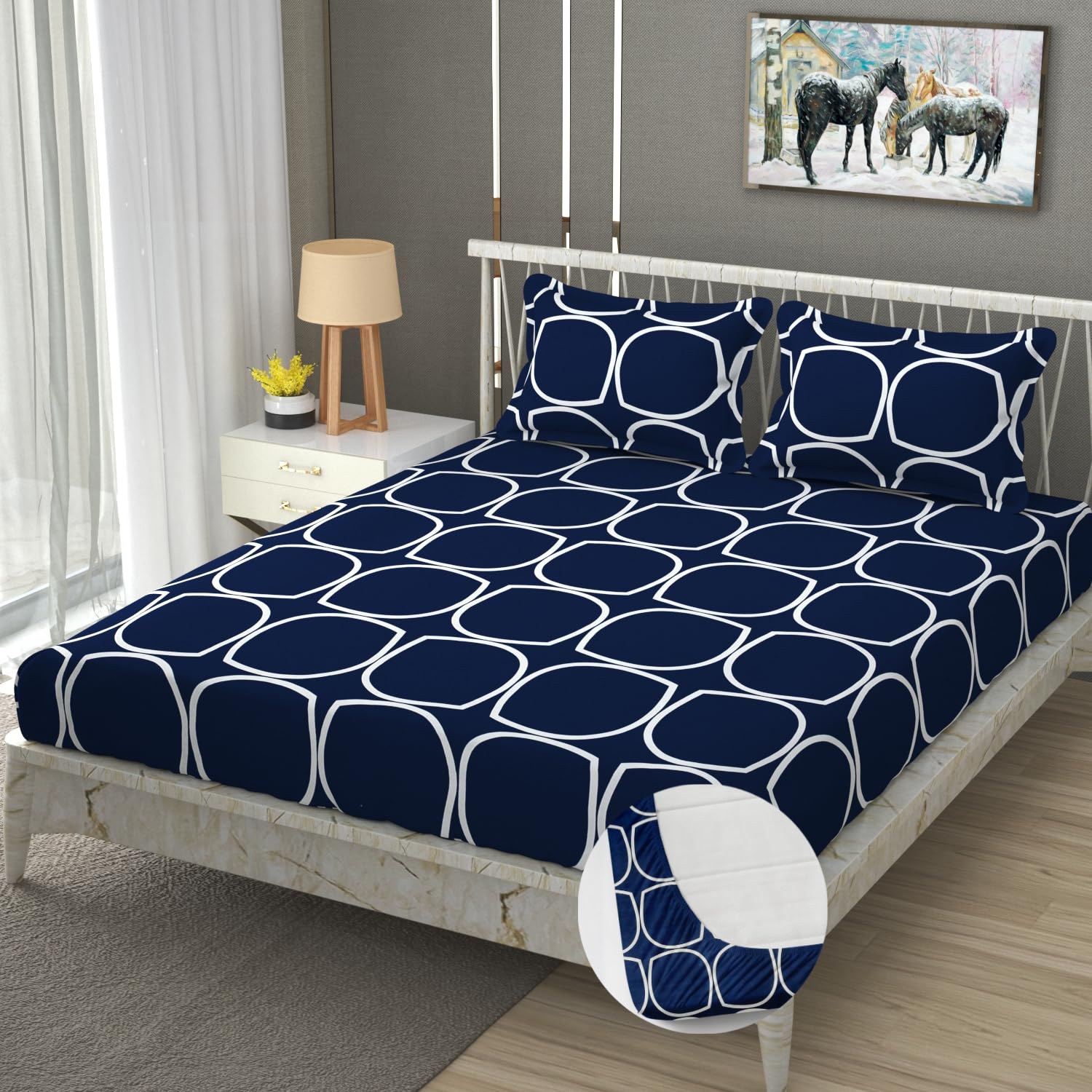 Double Bedsheet For Queen Size With Tow Pillow Cover - 72 X 72 Inches, Dark Blue | All Around Elastic Fitted Breathable & Durable, Soft Touch & Perfect For All Seasons