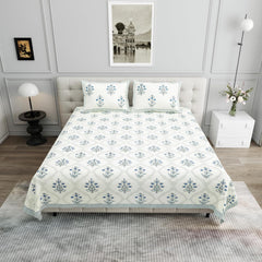 Pure Cotton King Size Bedsheet 2 Matching Pillow Covers | 100x108 Inches, White & Blue | Traditional Jaipuri Printed Bedsheet | Ideal Wedding Gift, Housewarming, Special Occasion Surprise