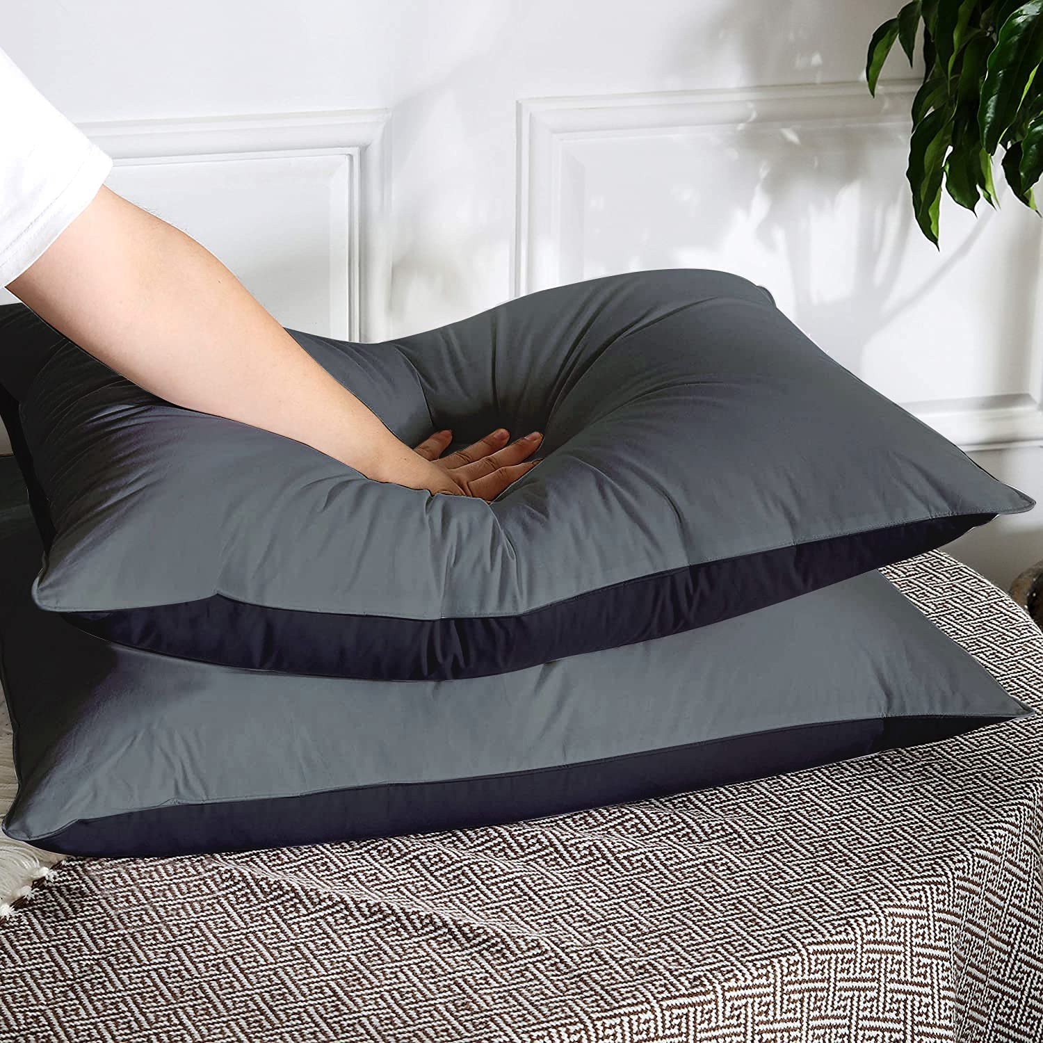 Premium Microfiber Soft Pillow For Sleeping, Black & Grey, Standard Size - 16 X 24 Inches | Comfy Hotel Comfort Pillow, Vacuum Packed | Bed Pillow, Hypoallergenic, Lightweight - Set Of 2