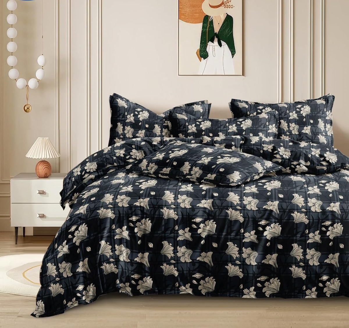 Double Bed King Size Bedsheet With 2 Pillow Cover - 72 X 72 Inches, Black | Cotton Elastic Fitted Printed Bedsheet | Ideal For Home Decor, Hotel, Guest House