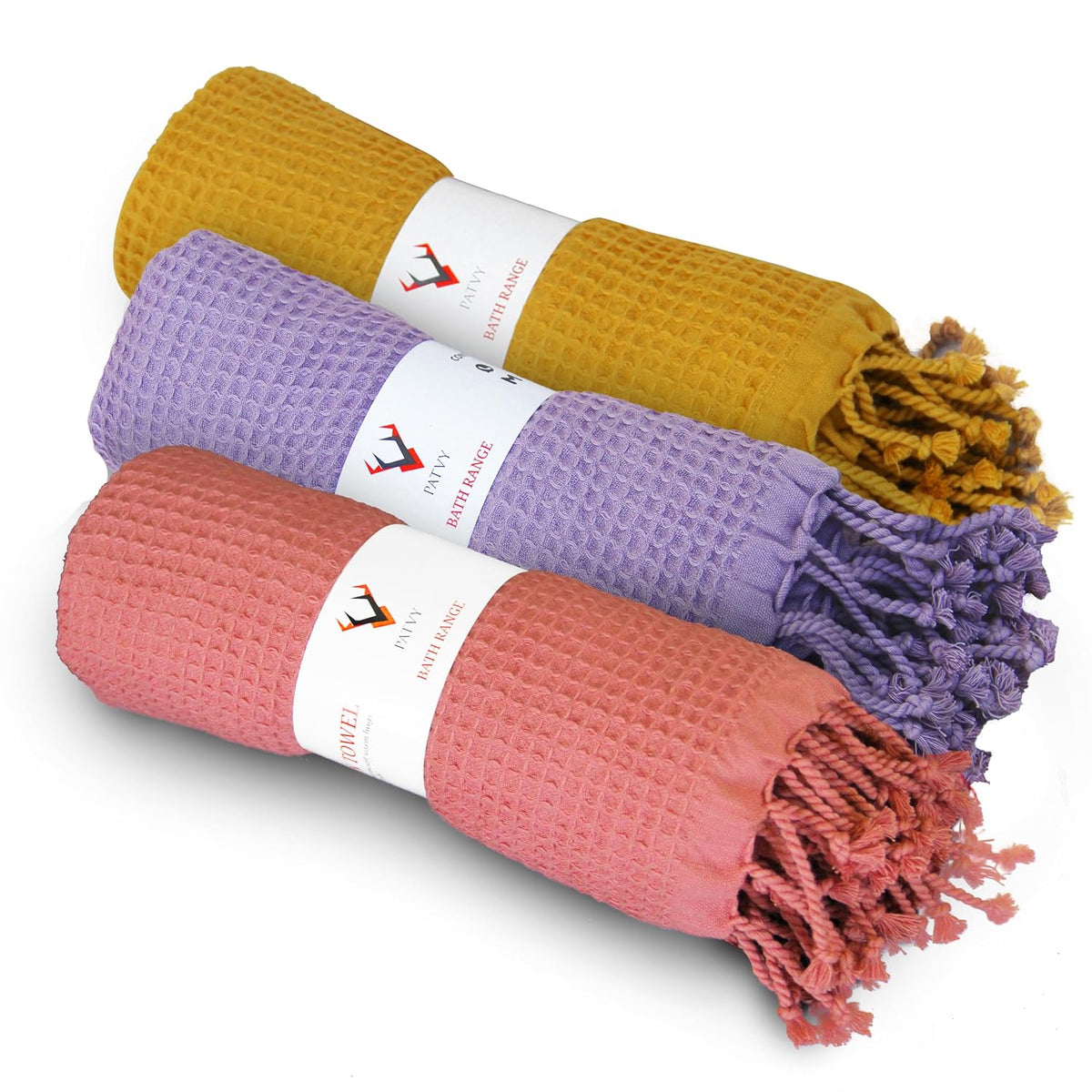 Patvy Bath Towels 500 Gsm | 100% Cotton Waffle Weave Large Size Towels Quick Absorption & Faster Drying Bath Towel | Pack Of 3 (Lilac & Brick & Mustard Yellow)