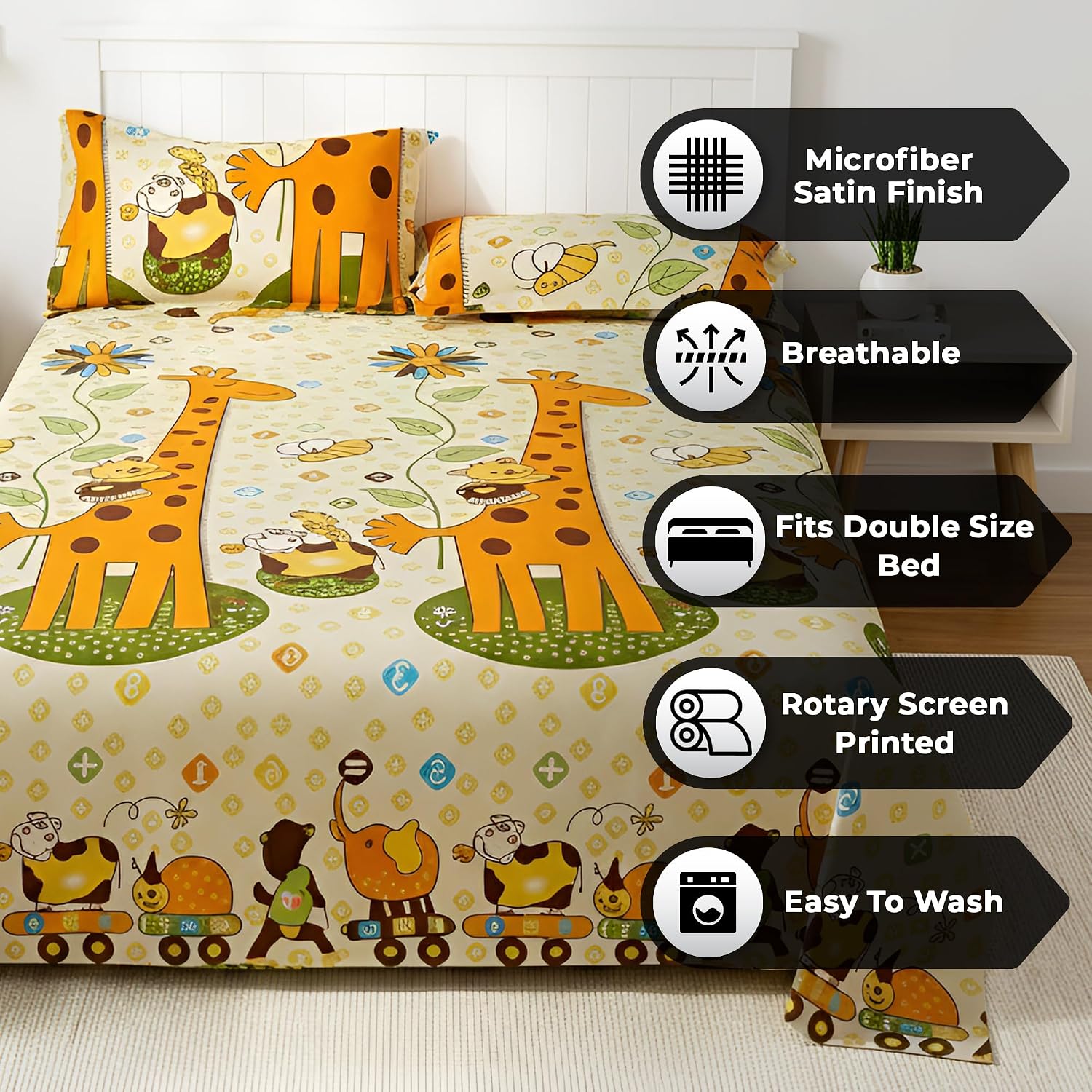 Kids Double Bed Bedsheet Set With 2 Pillow Covers - 88 X 100 Inches, Cream & Orange | Soft Bedding For Boys & Girls | Baby Animals Design