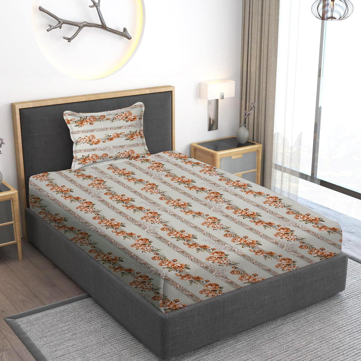 180 TC Print Cotton 1 Single Bedsheet With 1 Pillow Cover - 60 X 90 Inches, Brown | Soft & Breathable Fabric, Skin-Friendly Bed Sheet For All Seasons