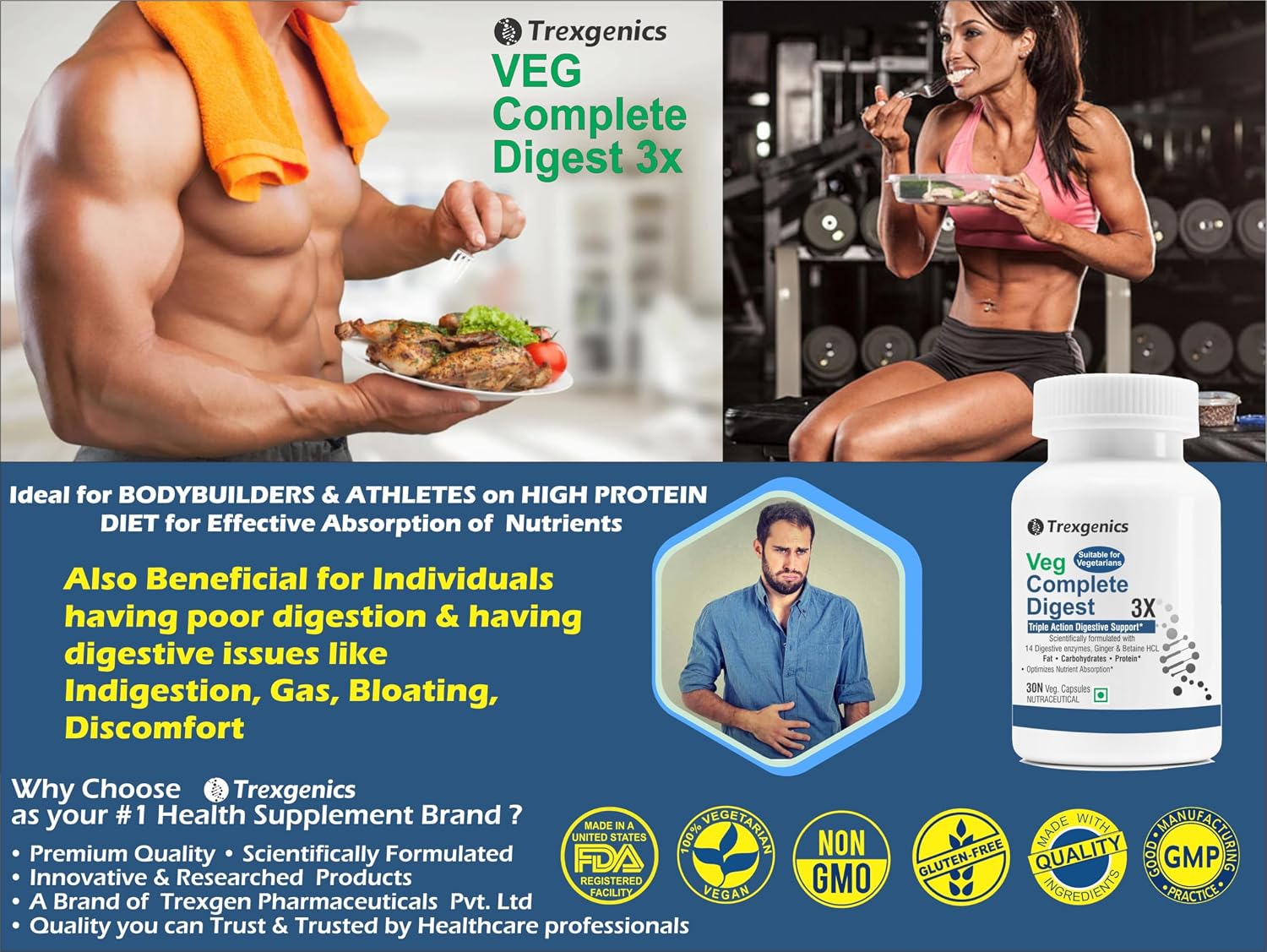 Trexgenics Veg Complete Digest 3x, 100% Vegetarian Triple Action Digestive Support For Fat, Carbohydrates & Protein With 14 Enzymes, Ginger & Betaine Hcl | 30 Veg Capsules, 50gm 0.1lbs