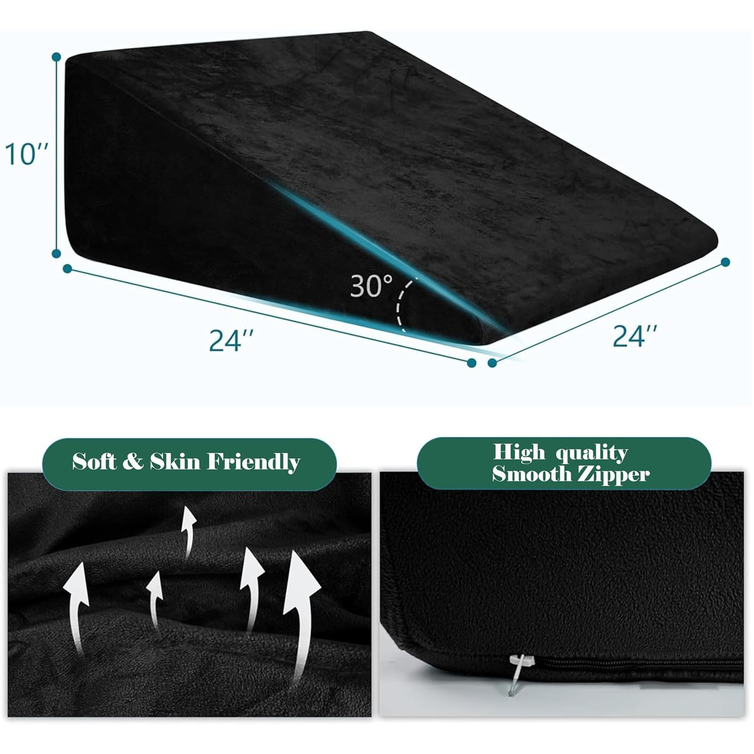 Wedge Pillow, Back Support Pillow For Neck Pain, Medium Firm, Black Color | Pillow For Headaches, Reflux, Shoulders, Back Pain & High Resilience, Velvet Fabric, Adjustable Pillow - Pack Of 1