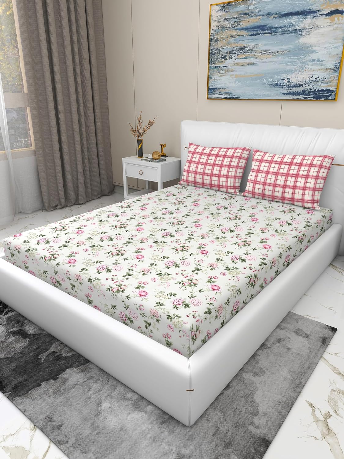 Super Soft Cotton Feel Bedsheet For Double Bed King Size With 2 Pillow Covers | 100 X 108 Inches, Off White & Pink | Perfect For All Season Comfort