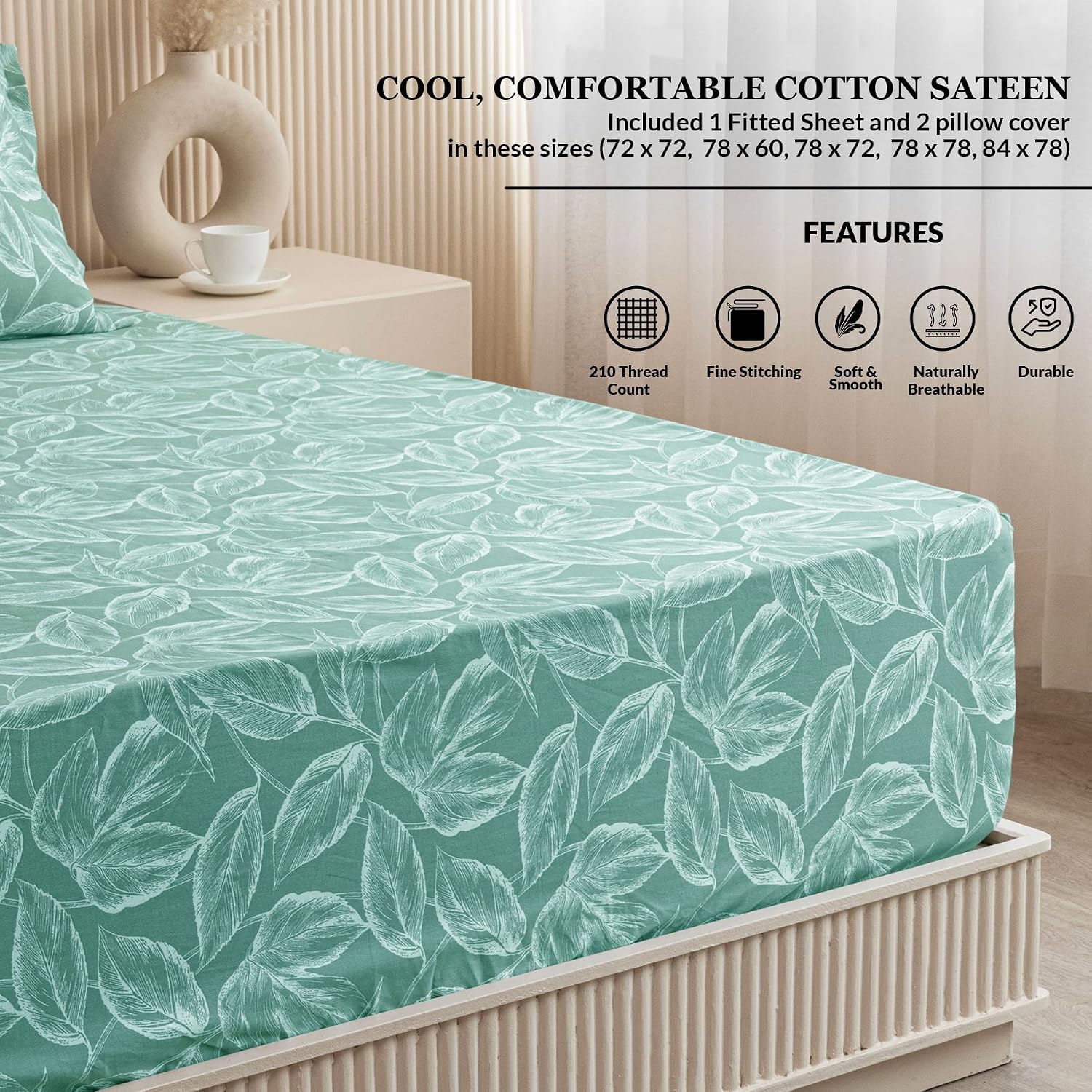 Perfect King Size Bedsheet With Two Matching Pillow Cover - 84 X 78 Inches, Aqua Green | All Around Elastic Fitted Bedsheet | Wrinkle Free