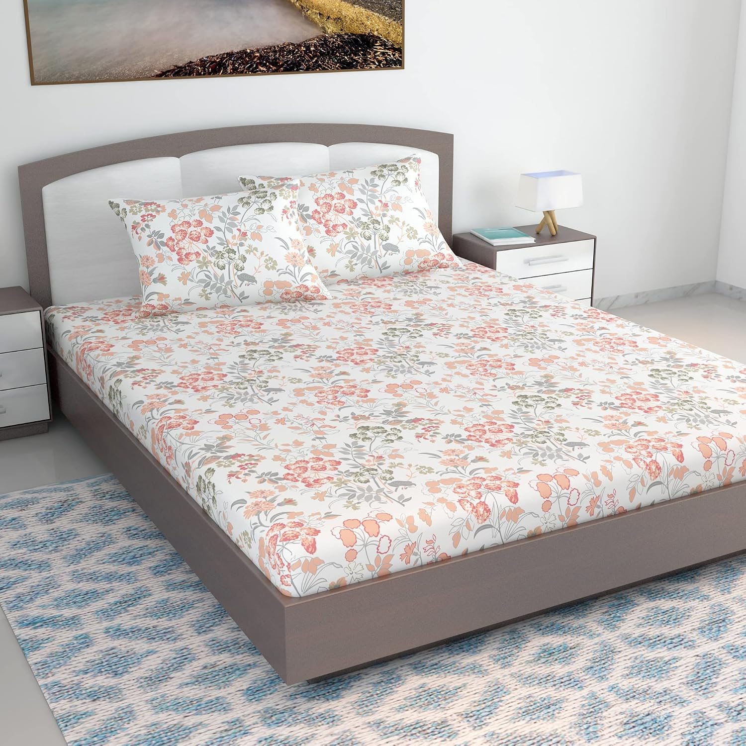 100% Cotton Double Bedsheet For King Size With 2 Pillow Covers | 108 X 108 Inches, White & Peach - Perfect For Home, Guest House, Hotel | Soft, Breathable & Comfortable