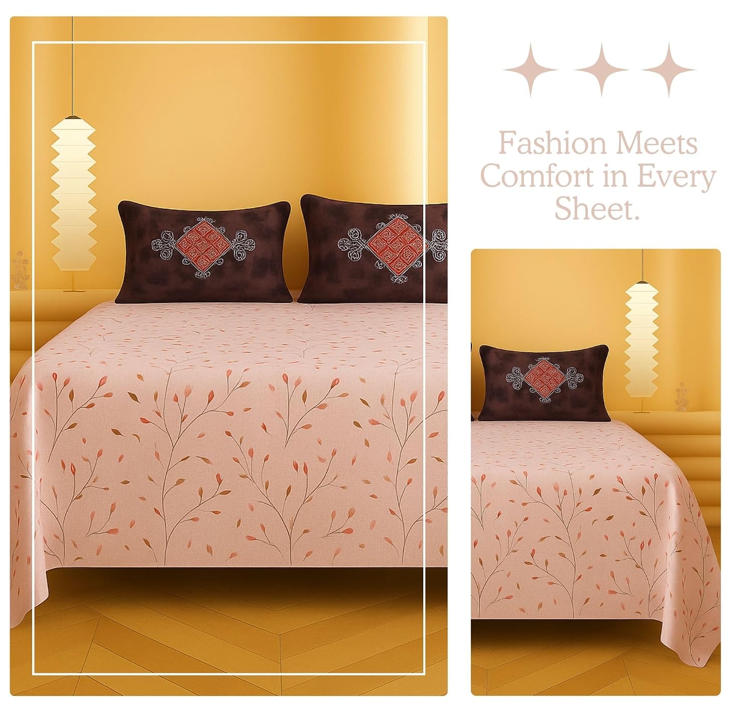 1 Double Bedsheet With Two Pillow Covers - 90 X 94 Inches, Blush Pink | 300 Thread Count Super Soft Bed Sheet For King Size Bed Floral Design