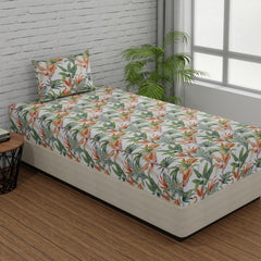 Single Bedsheets With 1 Pillow Cover - 55 X 88 Inches, Flamingo Orange & Green | Soft & Breathable Fabric | Comfortable For Daily Use