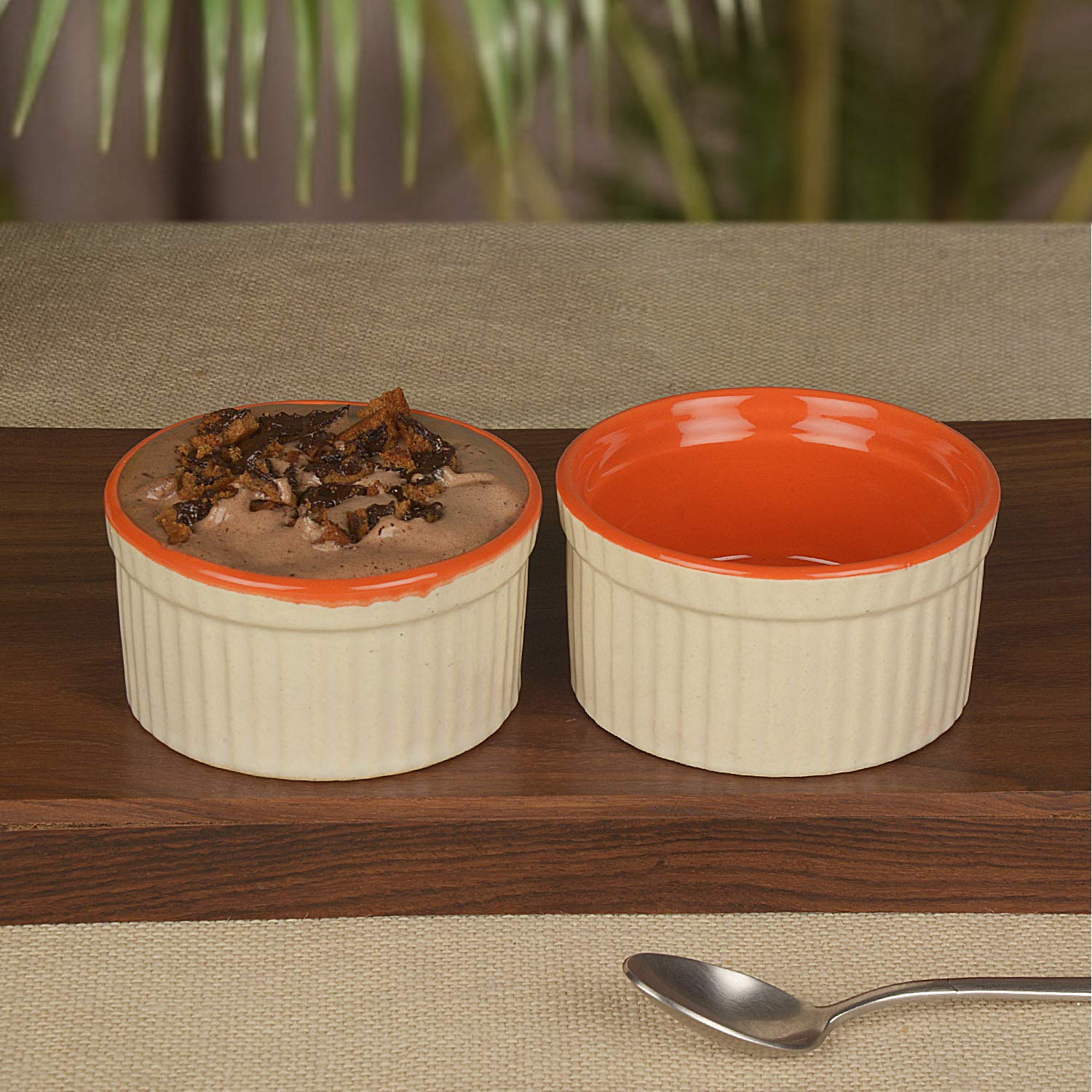 Studio Pottery Ceramic Dessert Dip Bowls Set Of 2 - 150ml Each, White & Orange | Chutney Bowls - Ketchup Bowls