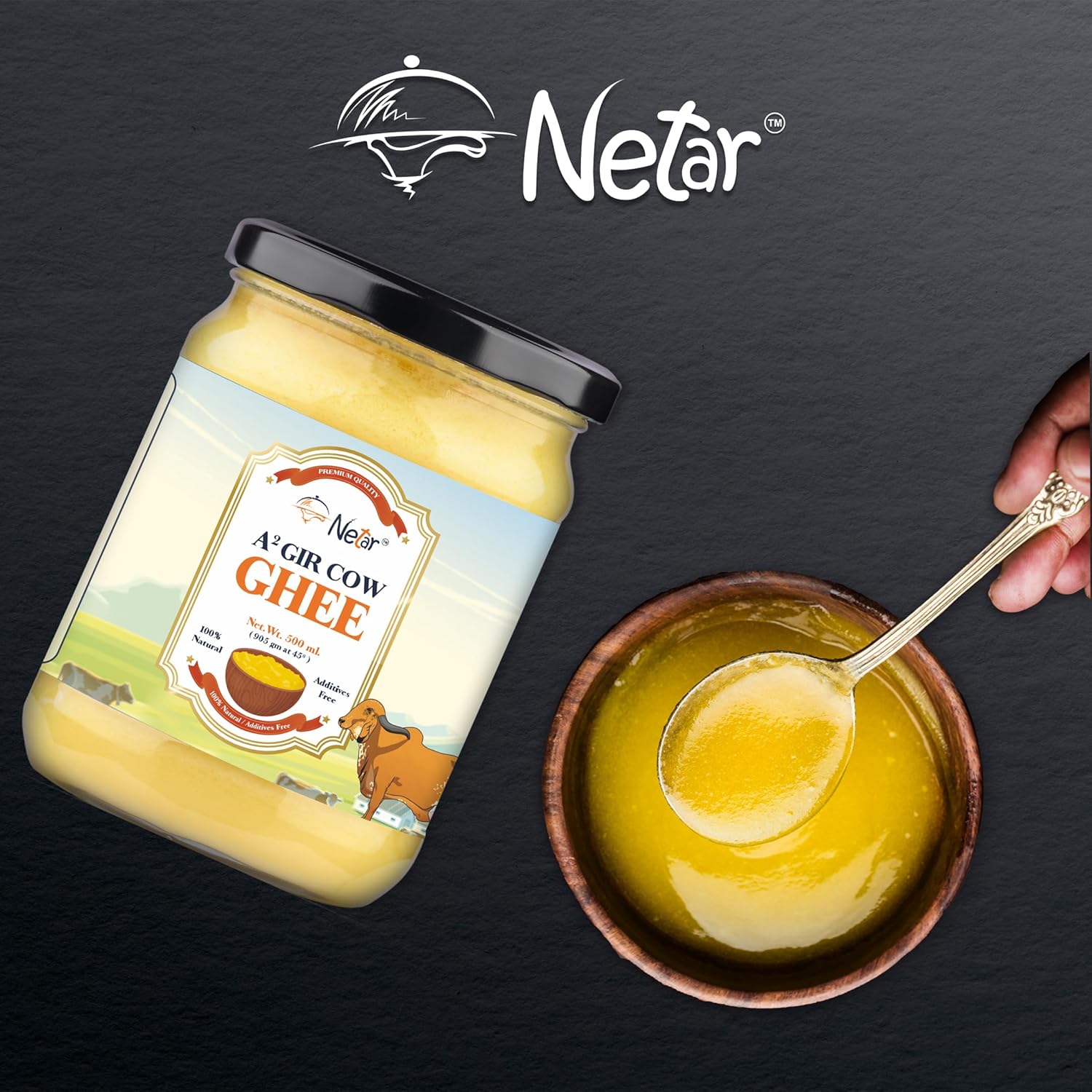 100% Natural A2 Gir Cow Ghee By Netar | Rich In Vitamins A & E Healthy Desi Ghee For Laddus | (500ml) 16.9 Ounce | Jar Pack