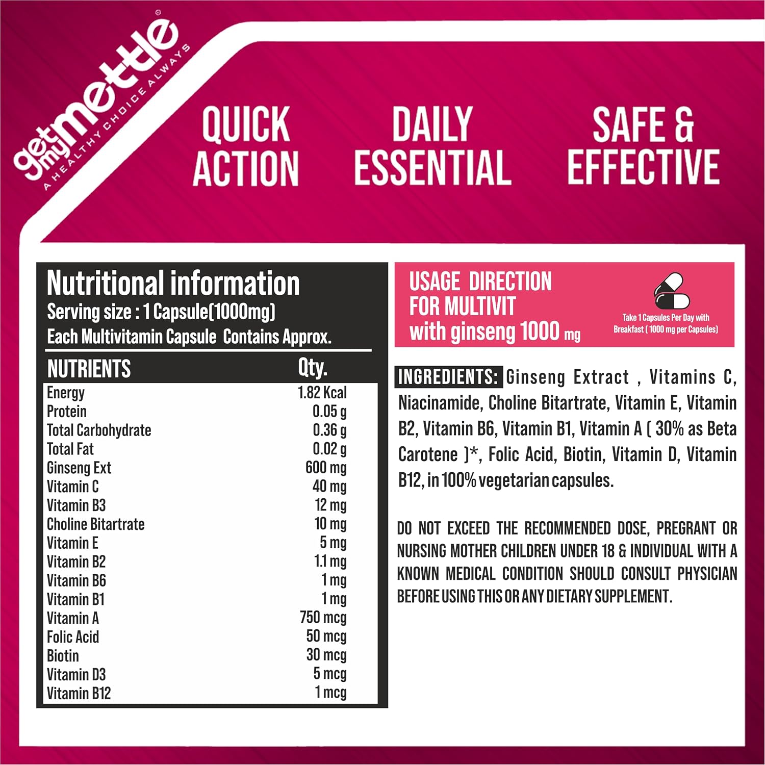 Getmymettle Multivitamin Capsule For Women & Men With Ginseng , 12 Vitamins , Enhances Energy , Stamina & Immunity | 60 Capsules , 100gm 0.2lbs