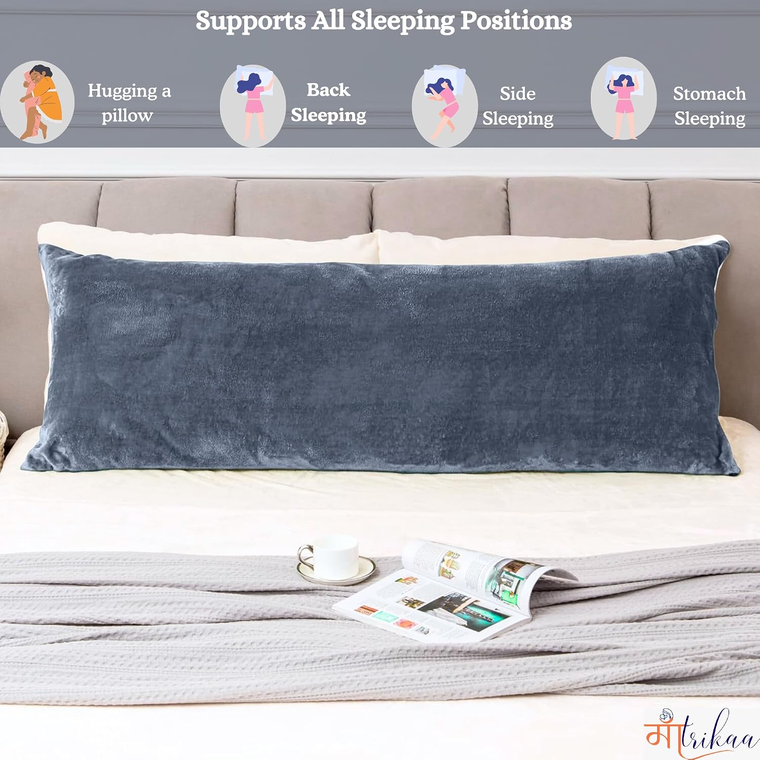 Full Body Pillow, Long Sleeping, For Side Sleeping Hugging, Cuddling, Relaxing, Dark Grey - 54 X 18 Inches | For Pregnancy Comfort, Velvet Pillow With Removable Cover, Adjustable Pillow