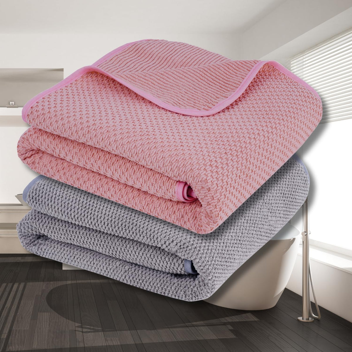 Fezora Microfiber Contler Bath Towels 700 Gsm | Large Size Bath Towel Soft & Absorbent Bath Towel For Men & Women (Light Pink & Grey)- Pack Of 2