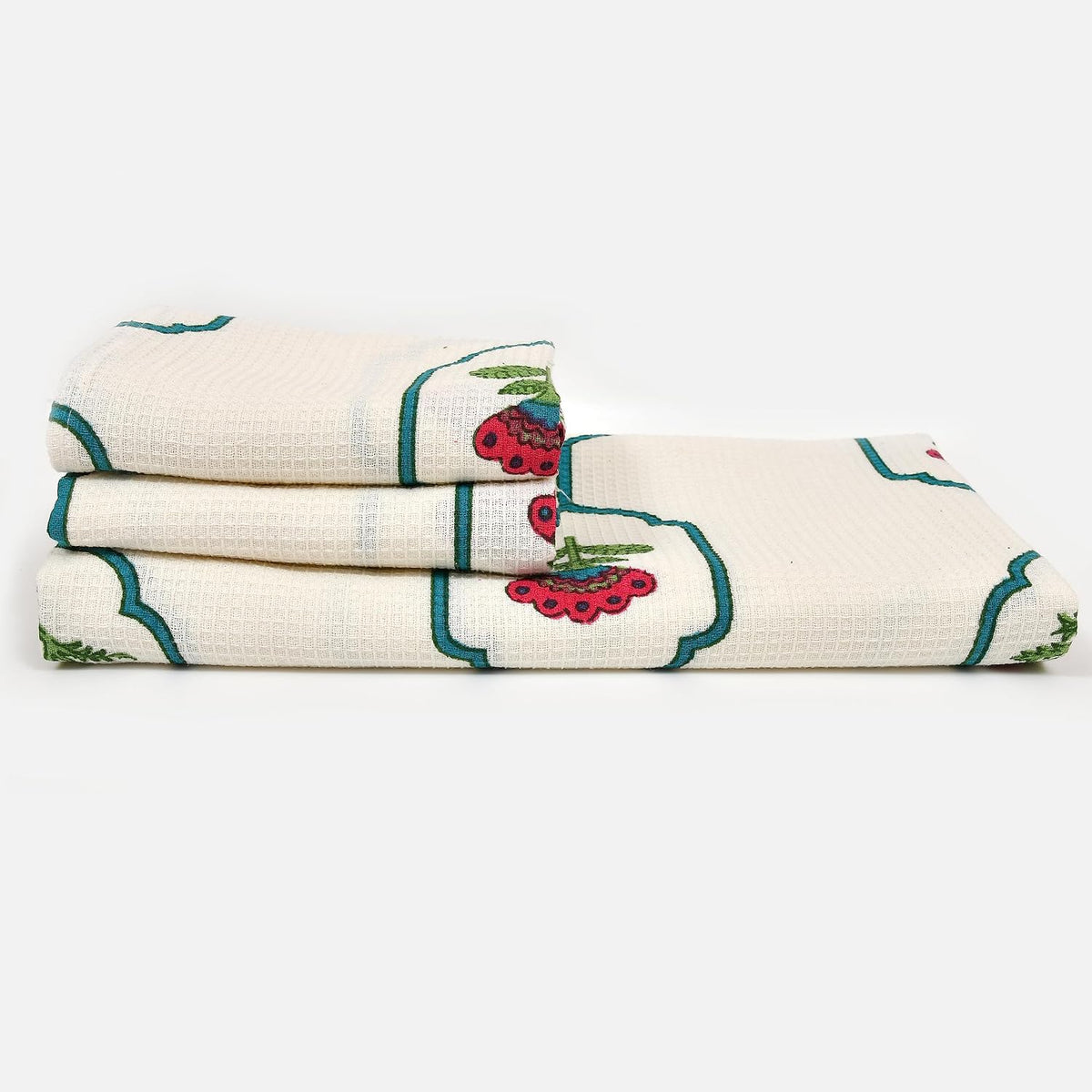 Easygoods Waffle 1 Bath & 2 Hand Towels Beautiful Pure Cotton Hand Block Printed Soft Water Absorbent Towels 250 Gsm (Sea Green) | Pack Of 3