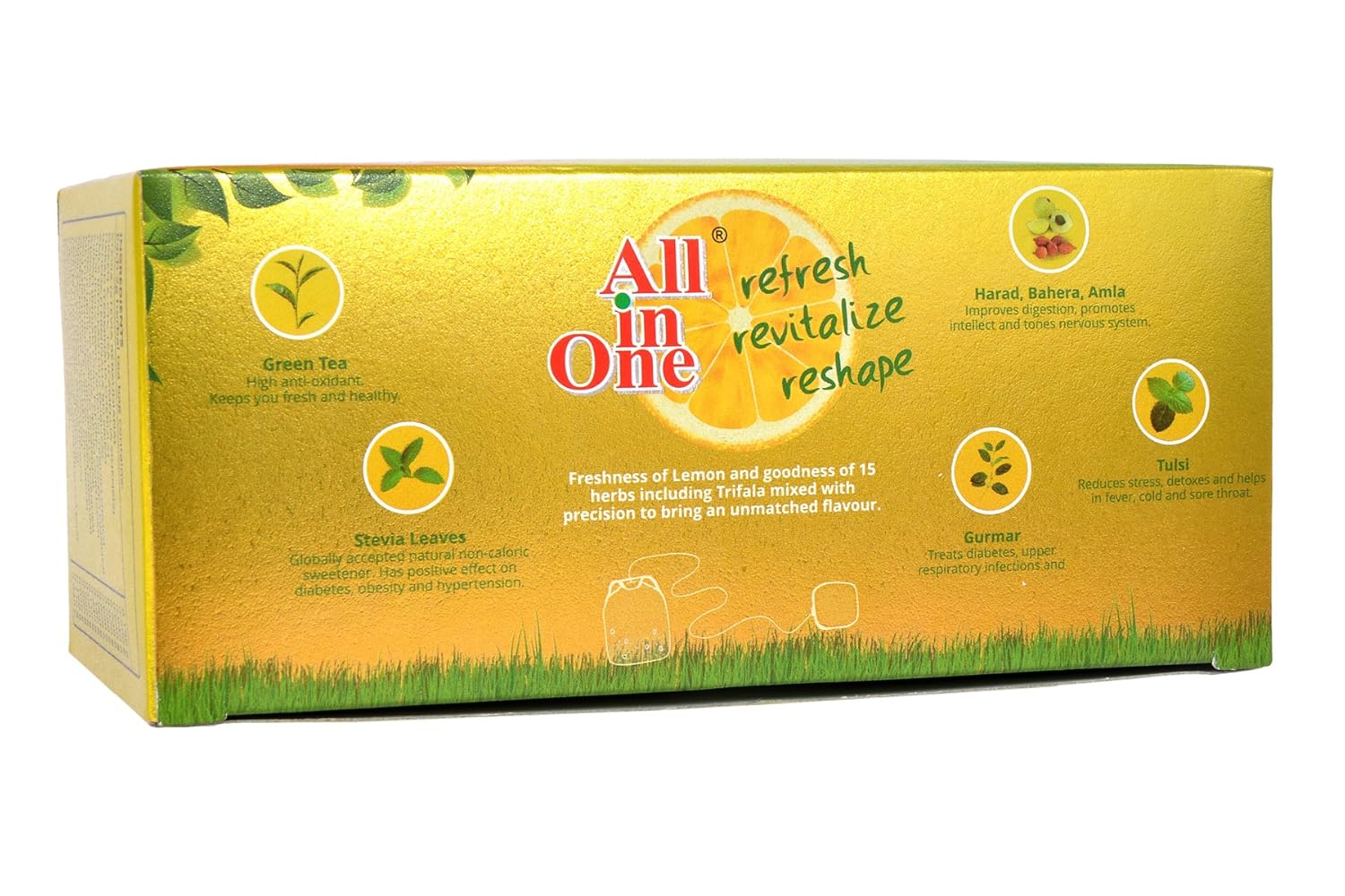 All In One Herbal Lemon Green Tea - 25 Tea Bags | Removes Gastric & Stomach Problems - Low Caffeine, Sugar Less