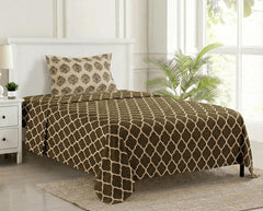 Cotton Printed Single Flat Bedsheet With 1 Pillow Cover - 60 X 100 Inches, Forest Green & Beige | Breathable & Skin Friendly Bedsheet | Ideal For Year Round Use