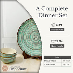 Iris Turquoise Handcrafted Ceramic Dinner Set - 3 Pieces | 1 Dinner Plate + 2 Katori Bowls, 180ml Each Dinnerware Set | Serving For 1, Microwave Safe & Dishwasher Safe