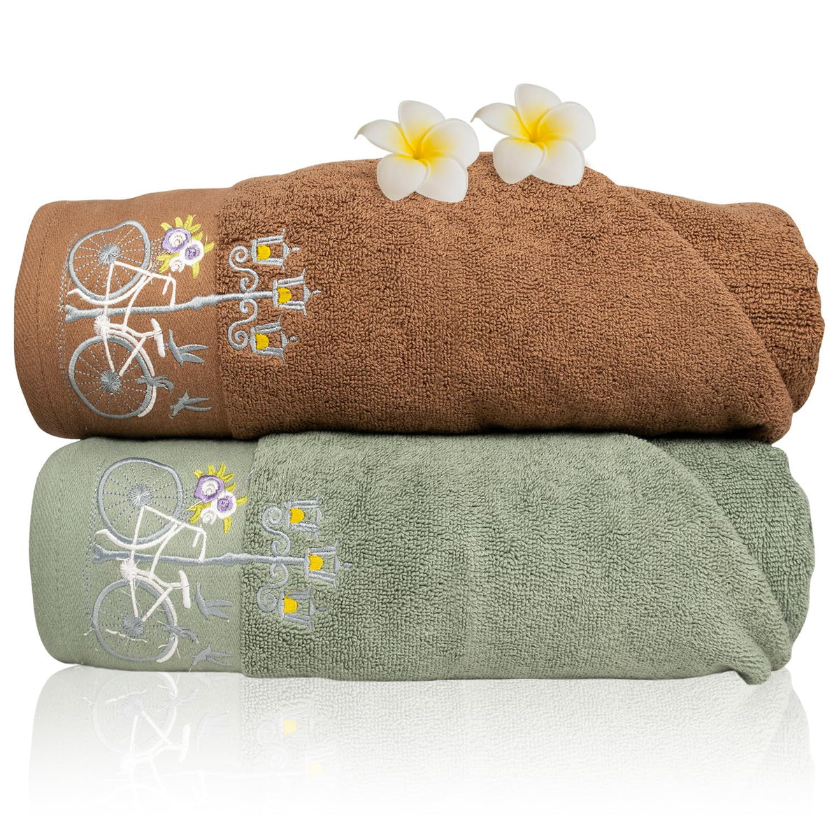Rangoli 100% Cotton Martin Bath Towels 1000 Gsm | Quick Dry, Ultra Soft, Highly Absorbent Printed Bath Towel - Brown & Green (Set Of 2)