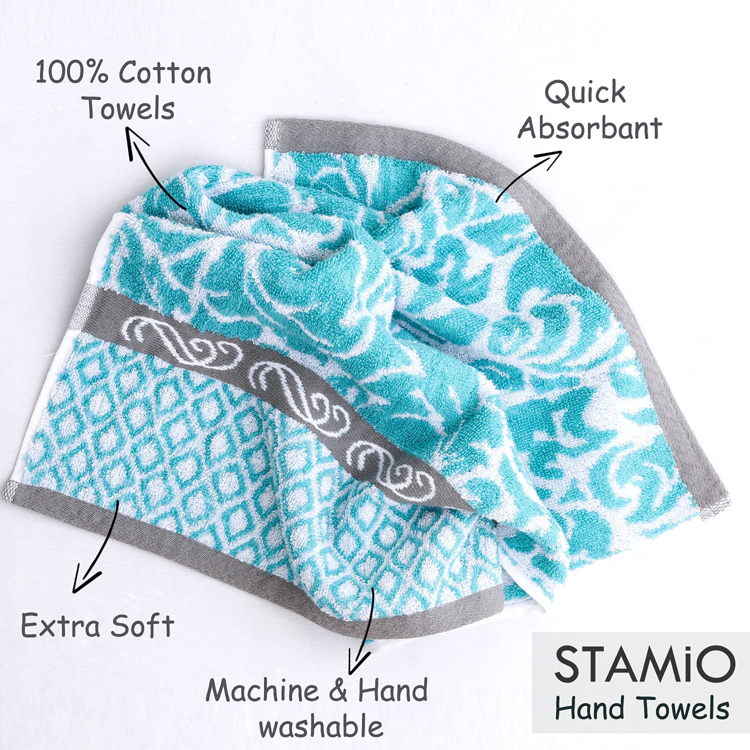 Stamio Cotton Hand Towels 490 Gsm | Towel For Men & Women Home Kitchen Use, Gym, Wash Basin, Sports, Travel | Jacquard Towel Light Green (Set Of 4)