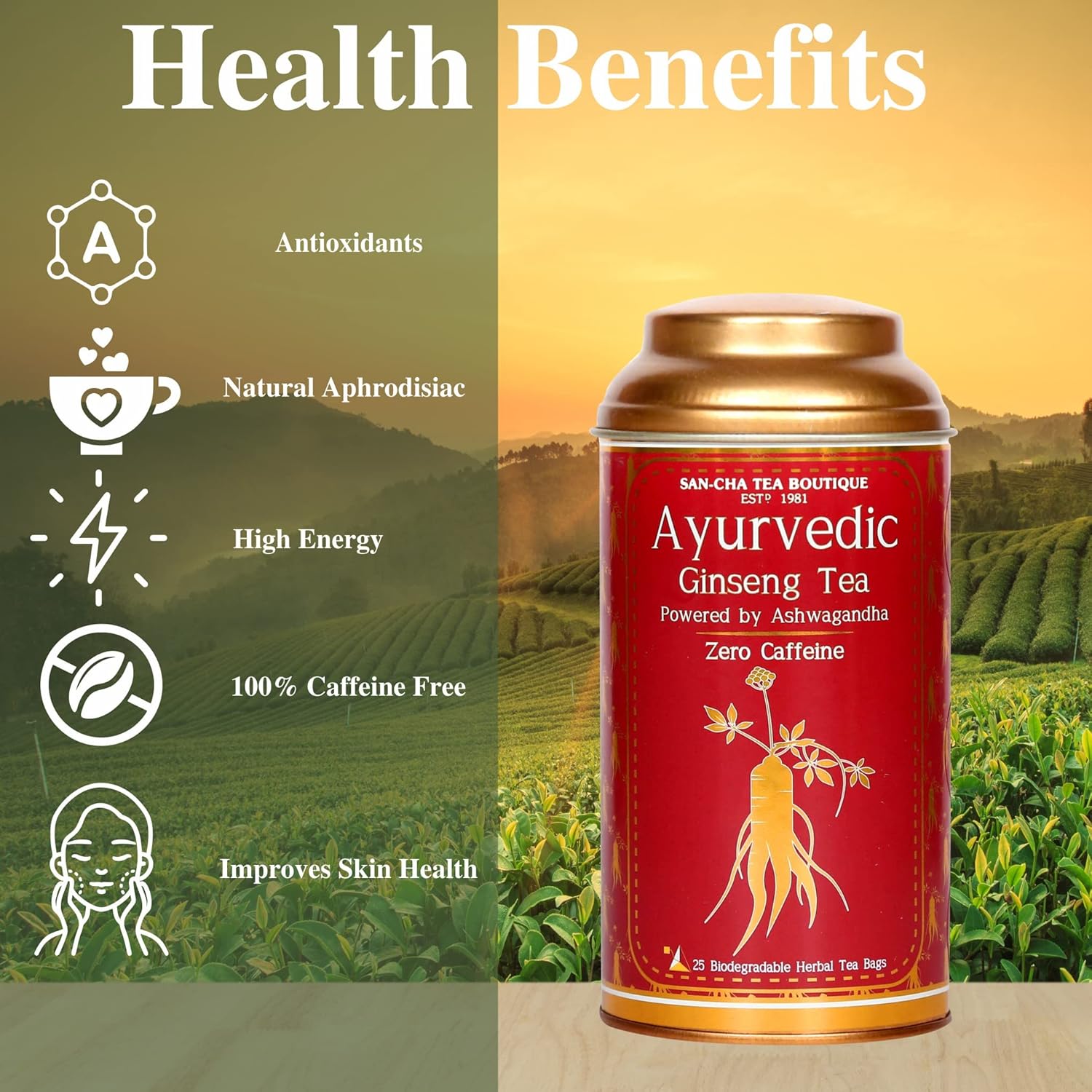 San-Cha Ayurvedic Ginseng Tea - 25 Pyramid Tea Bags | Enhance Energy, Blended With Rich Antioxidant - Zero Caffeine | Pure Herb & Spice Blend