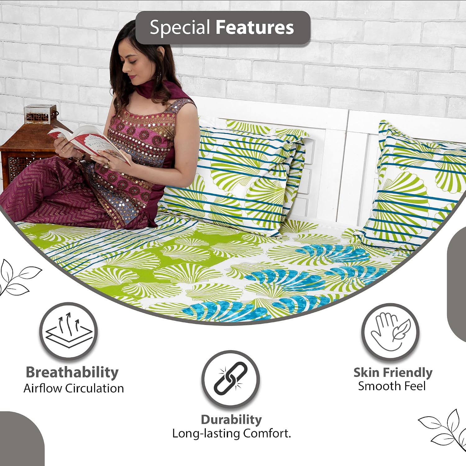 100% Cotton Single Bedsheet With 1 Matching Pillow Covers - 57 X 87 Inches, Multicolor | All Weather Comfort & Bedroom - Softness & Natural Breathability