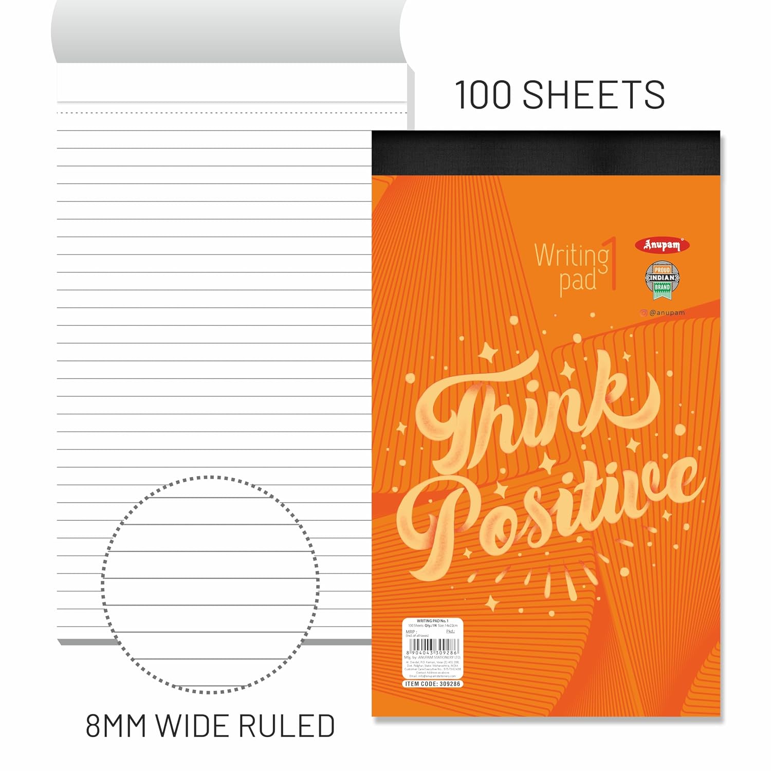 Writing Pad 14x22cm Lined Paper Wide Ruled 100 Sheets Notepads, For School, College, Pack Of 2