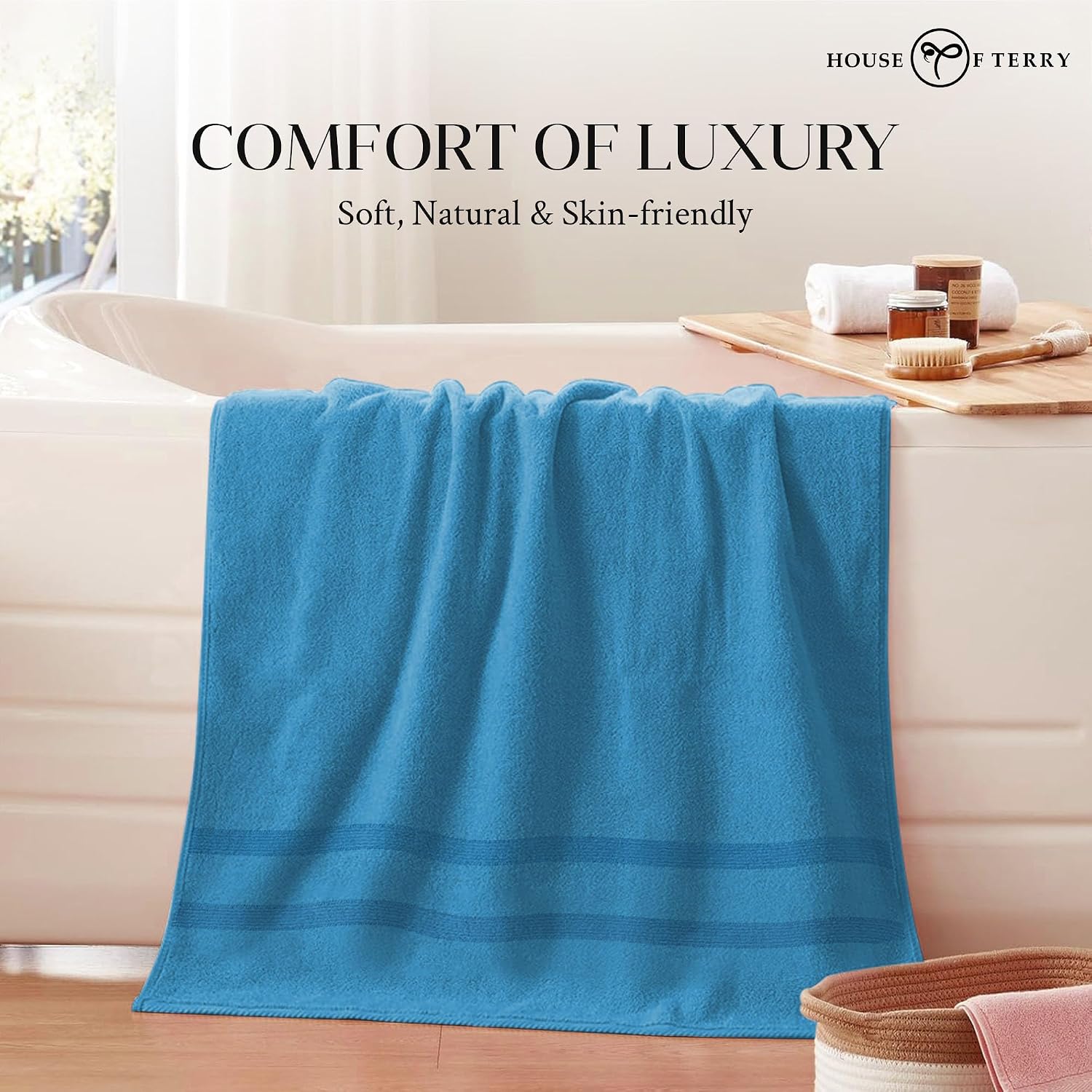 House Of Terry 100% Cotton Bath Towel 900 Gsm | Quick Dry, Fade-Resistant, Soft, Lightweight & Absorbent For Men & Women Large Size Towel (Blue & Brown) - 2 Pcs