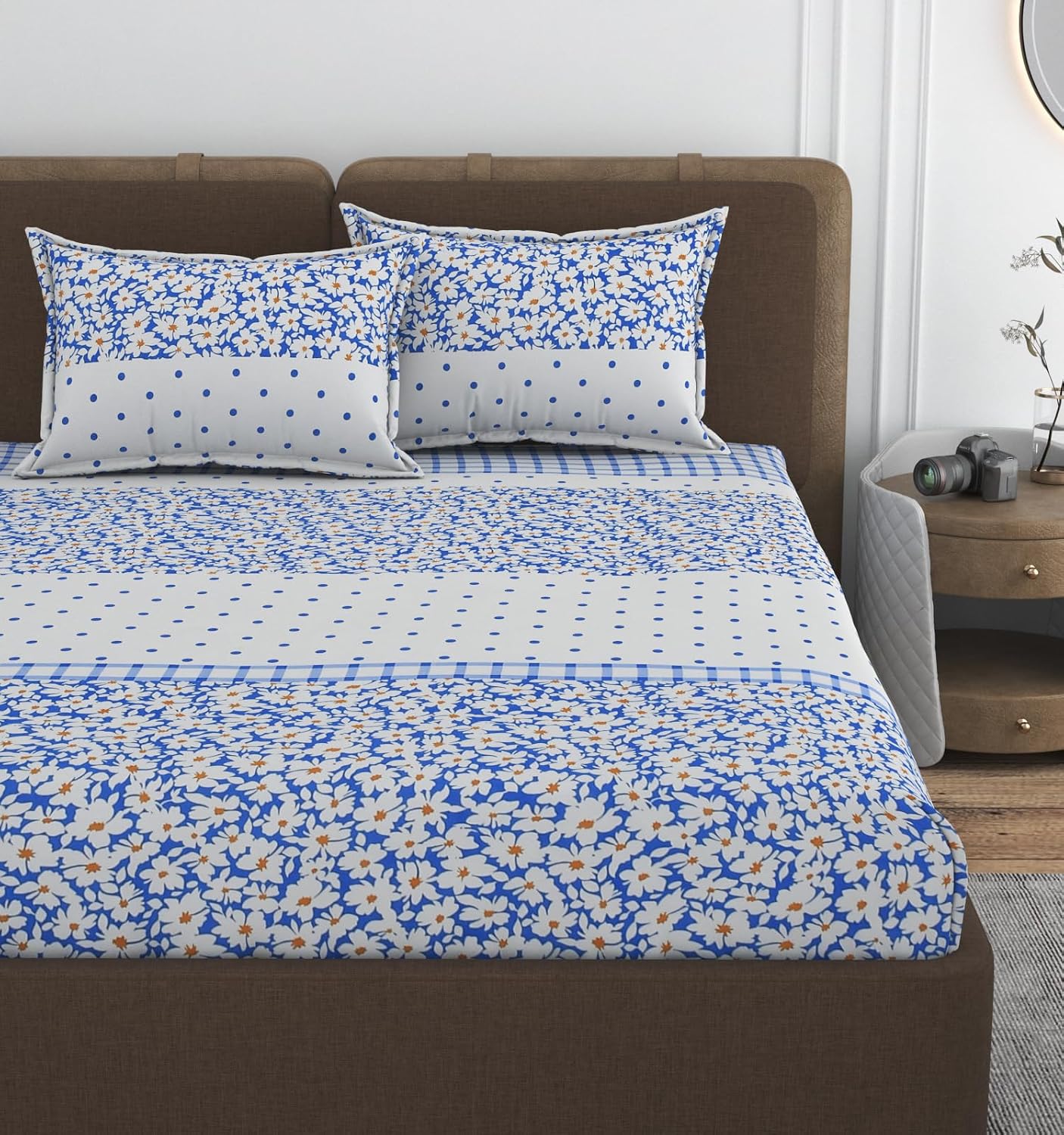 Queen Size Double Bedsheets With 2 Pillow Cover - Size 72 X 72 X 10 Inches, White & Blue | All Around Elastic Fitted - Lightweight, Soft & Comfortable