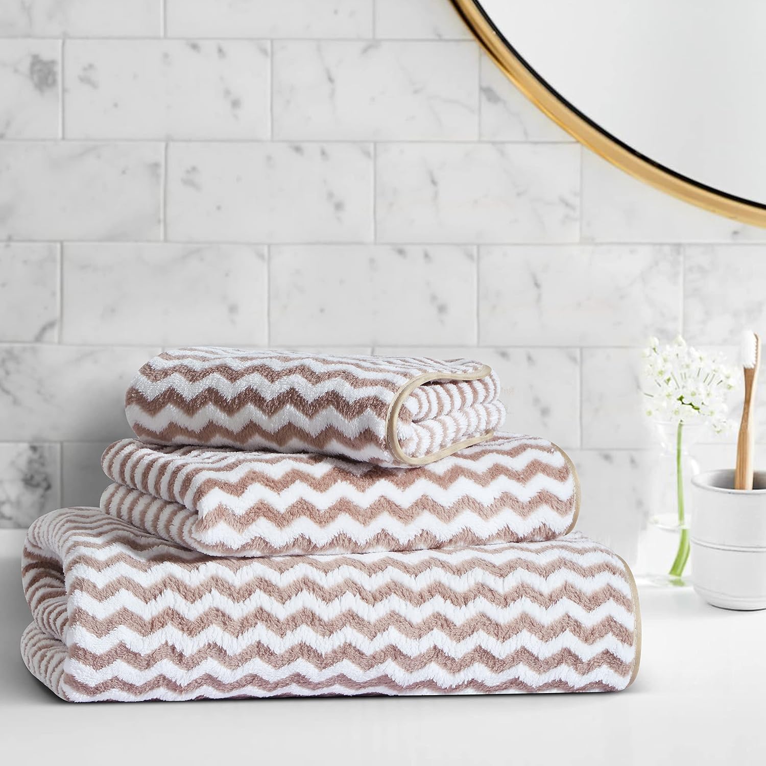 Spread Spain Microfiber Wave Coral Hand & Bath Towel 900 Gsm | Quick-Drying & Ultra Absorbent Towel Set For Anniversary & Wedding Gift - Brown (Pack Of 2)