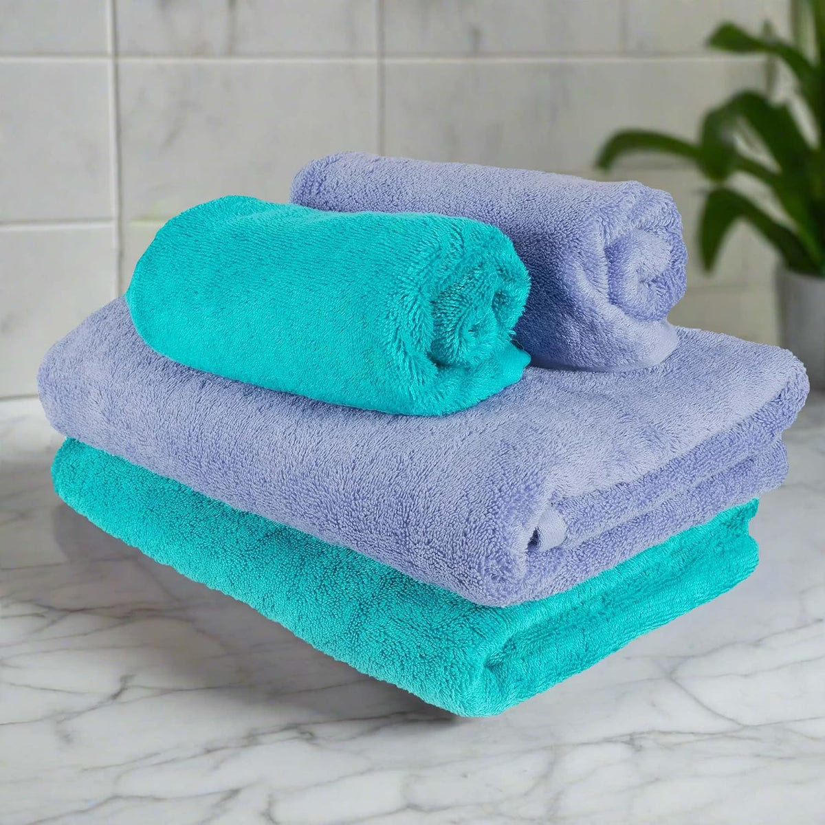 Heelium Bamboo Towel 2 Bath & 2 Hand Towel 1400 Gsm | Soft, High Absorbency & Antibacterial Towels (Iris & Teal) - Pack Of 4
