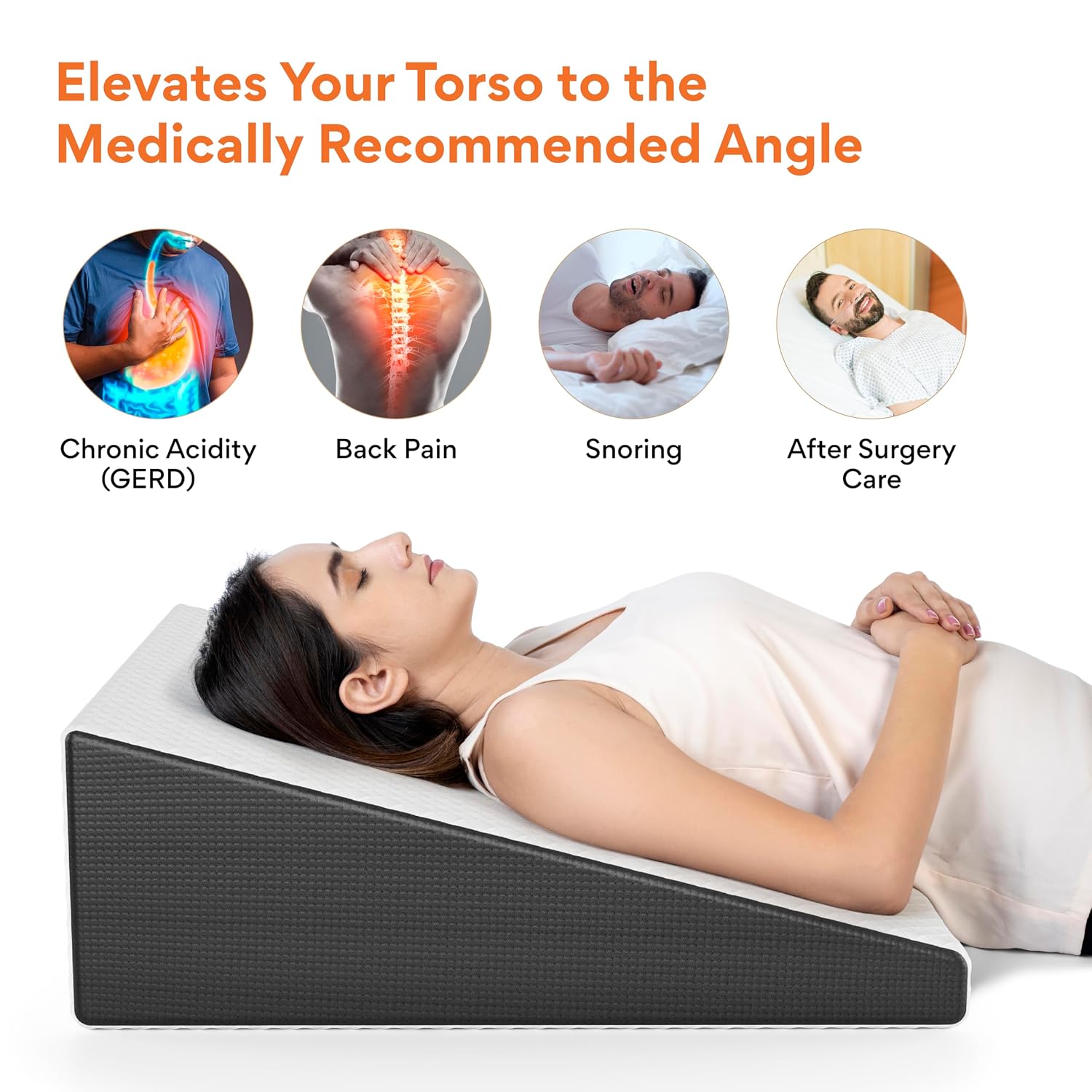 Wedge Pillow, Memory Foam Pillow, Back Support, White, Large Size - 7 Inch | Wedge Cushion For Acid Reflux, Gerd, Snoring, Post Surgery, Pregnancy & Relaxing In Bed, Removable Cover